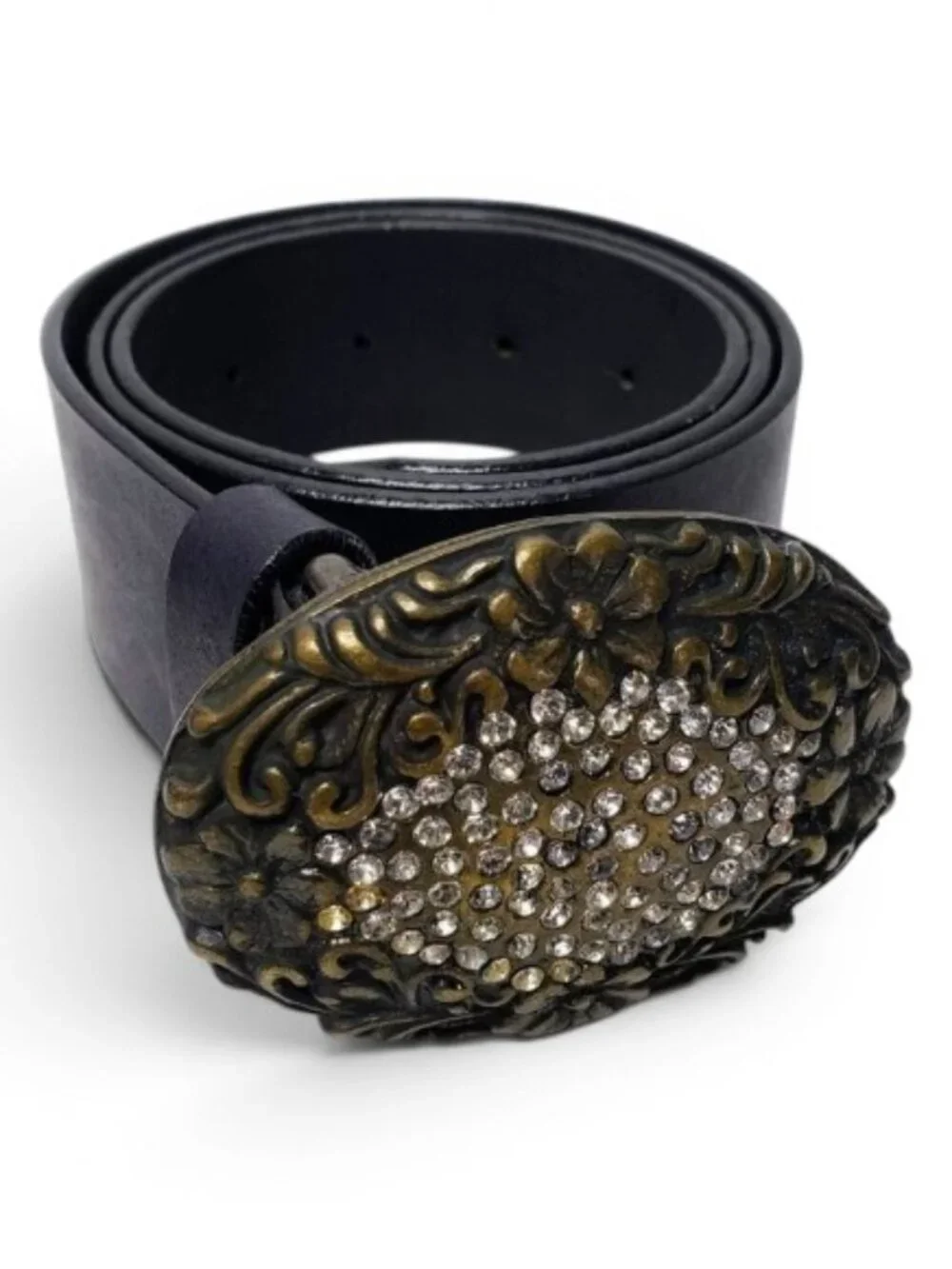 Jewel Encrusted Floral Embossed Bronze Tone Chunky Buckle Belt 32